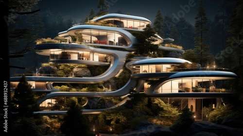 Futuristic house in the forest.
