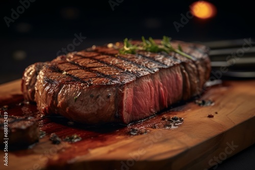 Angus steak against medium-rare fillet cooked over hot coals. Generative AI