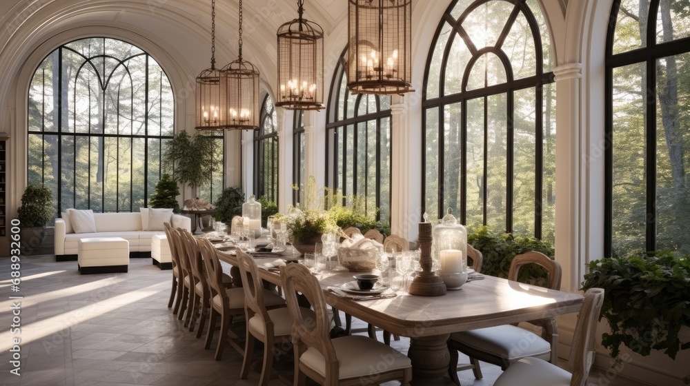 Enormous dining room with arched windows, Luxury.
