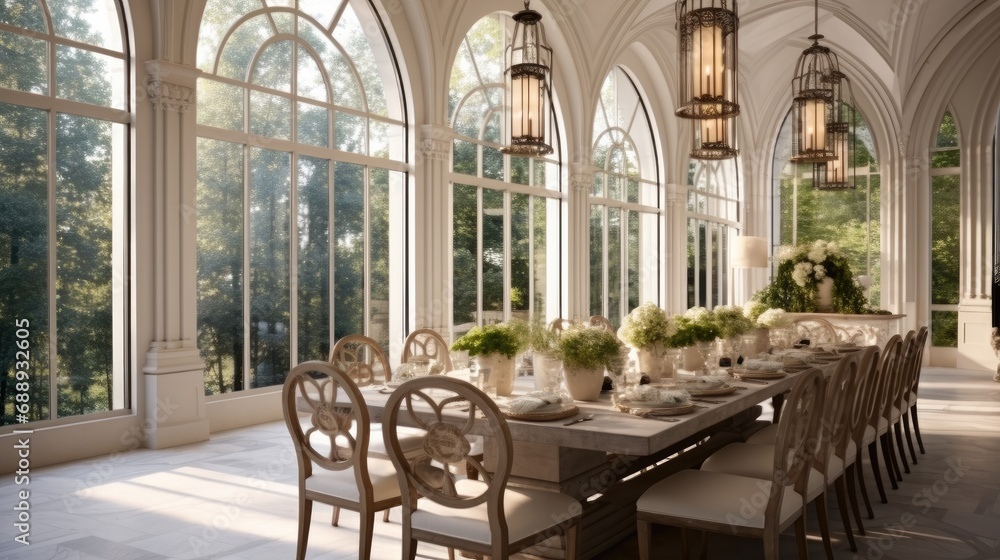 Fototapeta premium Enormous dining room with arched windows, Luxury.