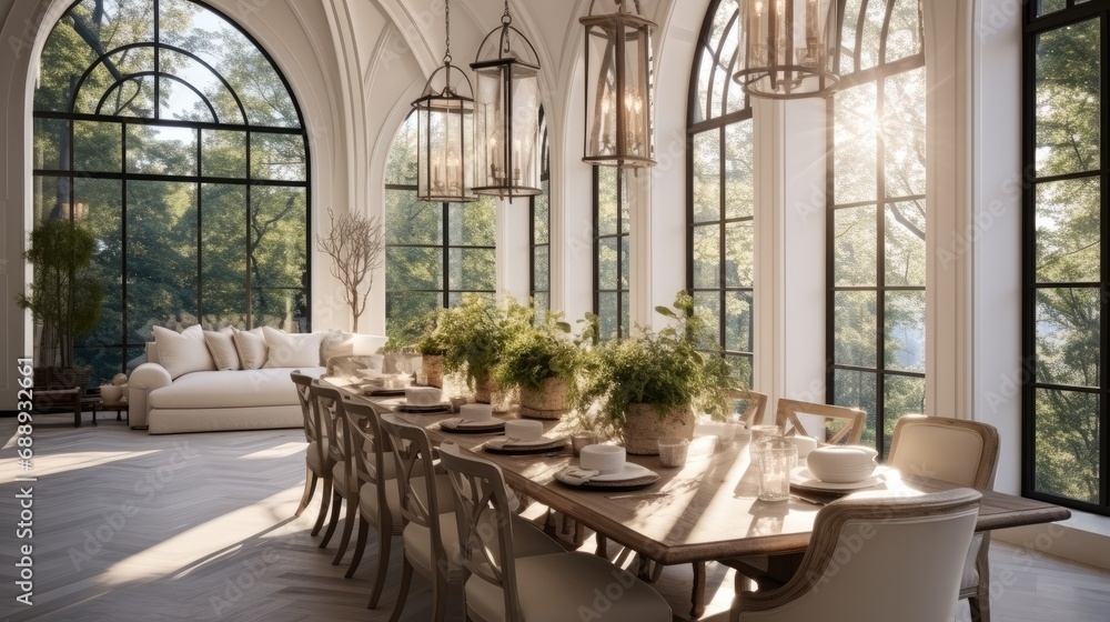 Naklejka premium Enormous dining room with arched windows, Luxury.