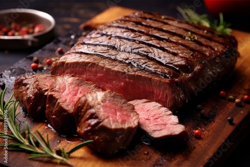 Juicy Angus steak or sirloin steak grilled over hot coals, sliced rare on a wooden board. Generative AI