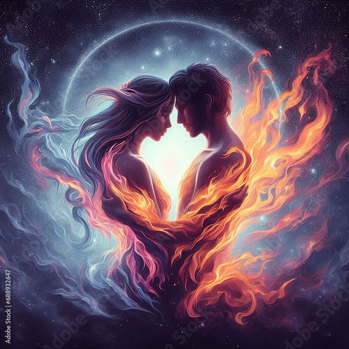 Twin flame couple. Soulmates. The concept of magical, esoteric, tantric, spiritual love. Connection between souls. Illustration for websites and much more. Created using generative ai tools.