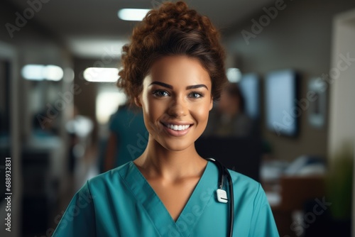 Smiling nurse holding clipboard in hospital.