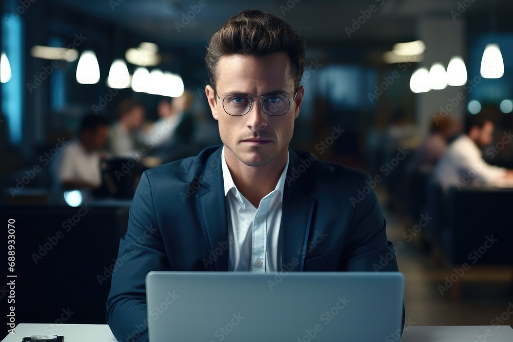 Attractive man in glasses is sitting at workplace in office. Attractive man in glasses is sitting at workplace in office.