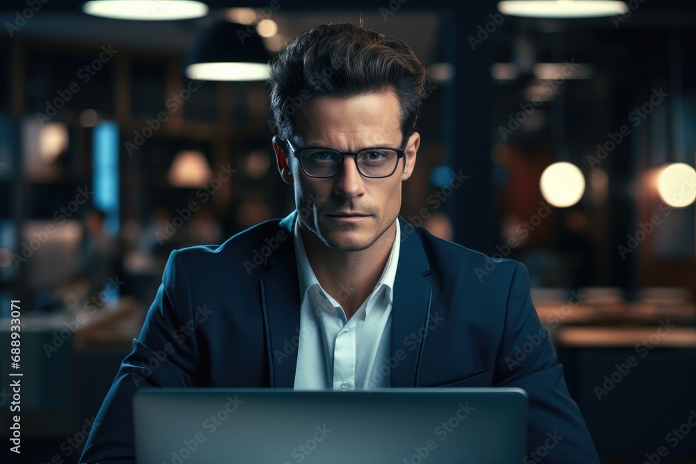 Attractive man in glasses is sitting at workplace in office. Attractive man in glasses is sitting at workplace in office.