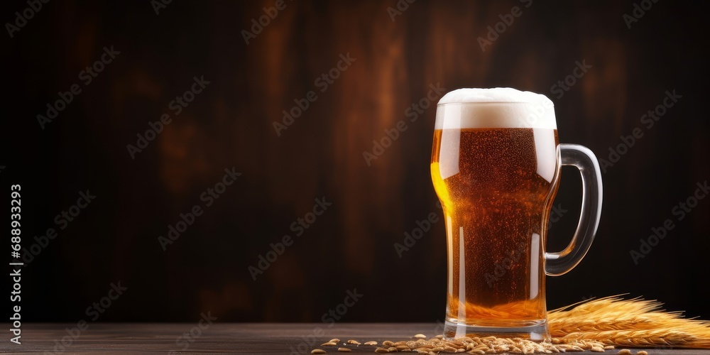 A pint of fresh craft beer on dark background with copy space for text. Generative AI