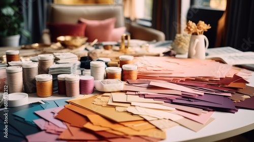 An eclectic and messy assortment of fabric swatches, Paint chips and material samples used in interior design.