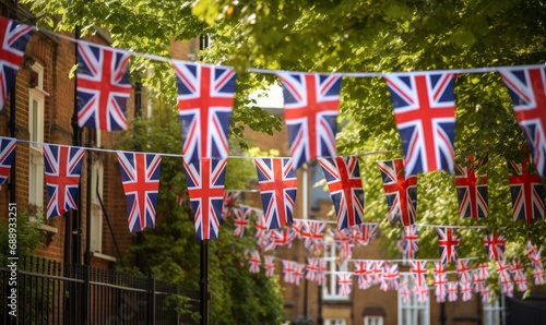Union Jack flags hanging at the street ready to national holiday celebration, Generative AI