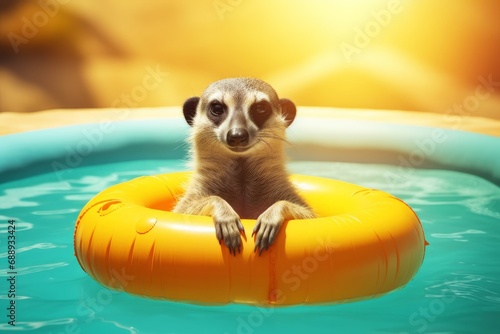 Cute meerkat chilling on a yellow inflatable pool float in a swimming pool. Summer holidays concept. Generative AI photo