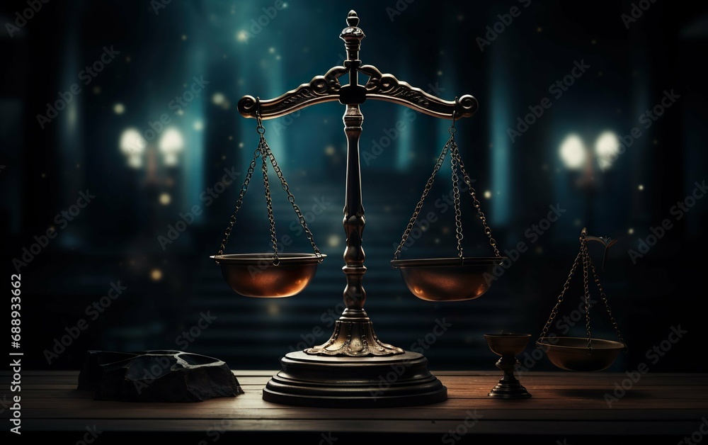 Scales of Justice in the dark Court Hal - obrazy, fototapety, plakaty 