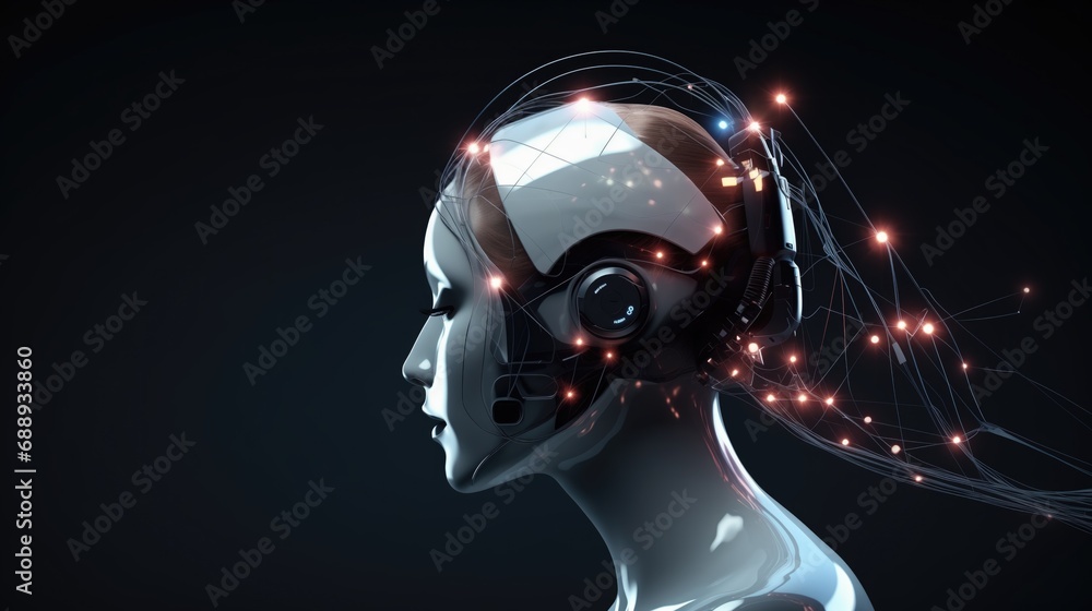 Background for a science fiction article. Cyborg man. The girl and the man are half robots. A helmet connected to artificial intelligence. Robot head. AI. Background for a science fiction article. Cyborg man. The girl and the man are half robots. A helmet connected to artificial intelligence. Robot head. AI.