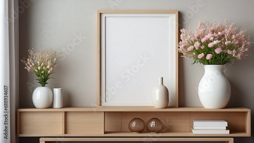 Stylish living room interior design with poster frame empty mockup. Generative AI