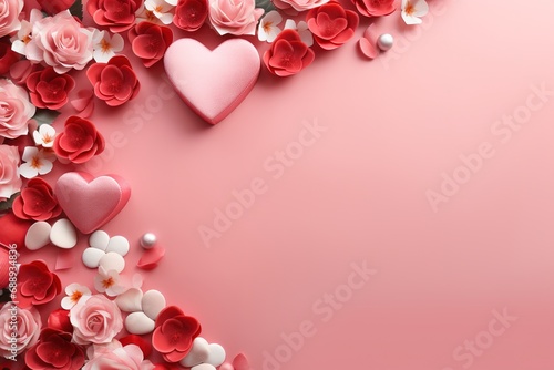 Valentine's Day blank space with gift boxes, roses, red heart, background generative ai.