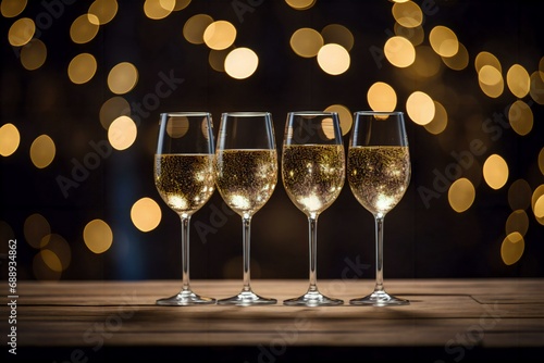 glasses of champagne on a wooden table with festive background, champagne glasses with celebration background, champagne glasses, copy space, christmas, party, new year, celebration, bokeh, lights 