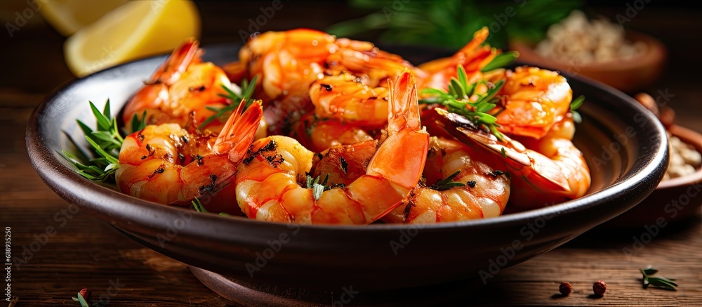 Pan-fried shrimps with herbs