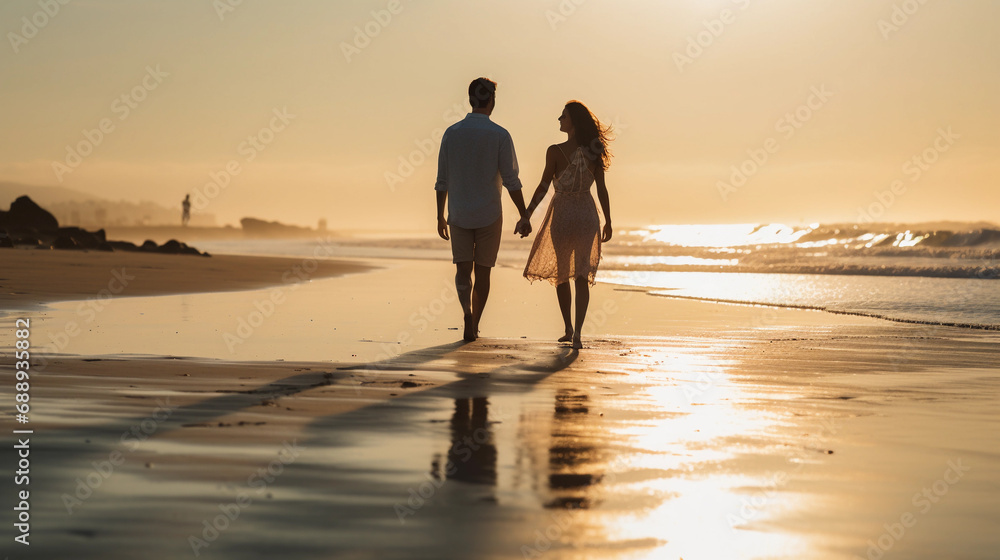 Couple Walking Hand-in-Hand on Sunset Beach