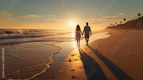 Couple Walking Hand-in-Hand on Sunset Beach
