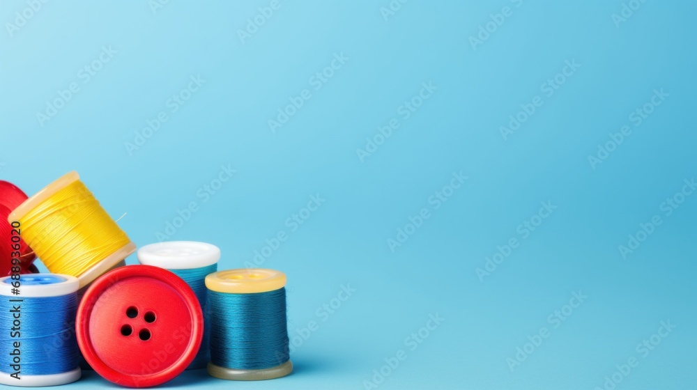 Spools of thread and buttons on a blue background with copy space Spools of thread and buttons on a blue background with copy space