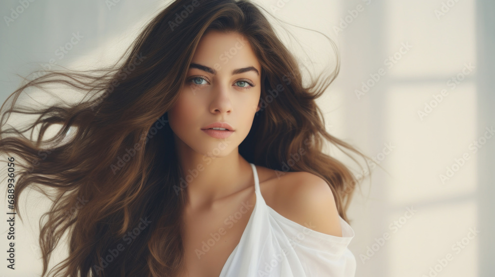 Beautiful young woman with long brown hair in a white shirt. Beautiful young woman with long brown hair in a white shirt.