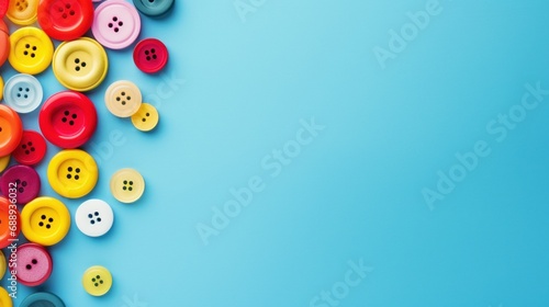 Colorful buttons on blue background. Top view with copy space.