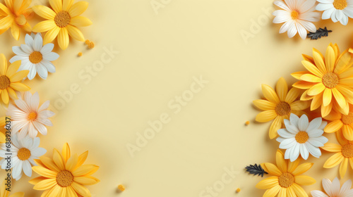 Flowers composition. Frame made of yellow and white daisies on yellow background. Flat lay  top view  copy space