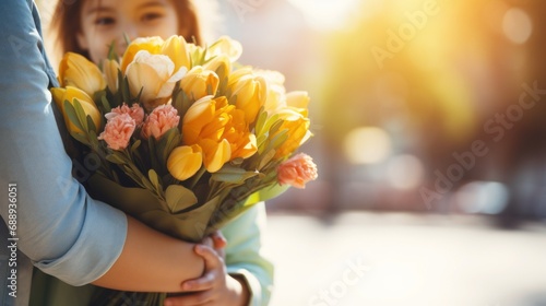 Photographie Bouquet of yellow tulips in the hands of a girl. Mother's day