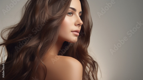 Beautiful young woman with long curly hair. Perfect skin. Beauty face. Picture taken in the studio.