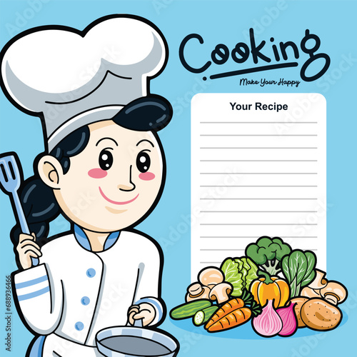 vector cute chef girl in uniform character holding a turner food restaurant logo cartoon art