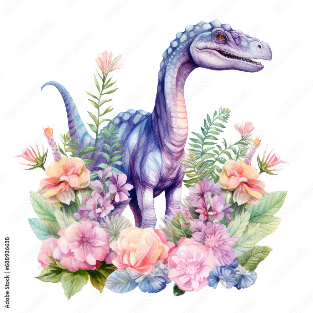 Fototapeta premium Diplodocus and flower Illustration, Generative Ai