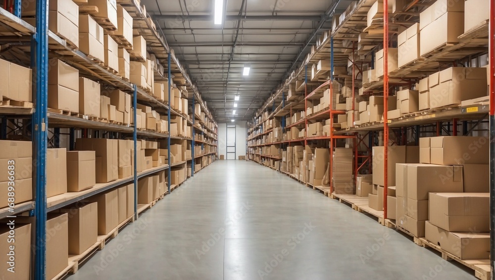 Rows of shelves with boxes in modern warehouse. Generative AI.