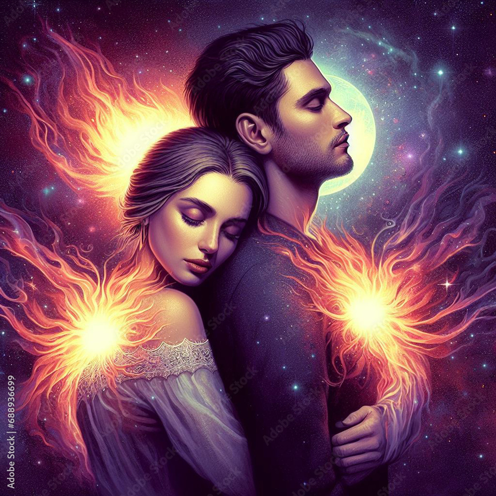 Twin flame couple. Soulmates. The concept of magical, esoteric, tantric, spiritual love. Connection between souls. Illustration for websites and much more. Created using generative ai tools Twin flame couple. Soulmates. The concept of magical, esoteric, tantric, spiritual love. Connection between souls. Illustration for websites and much more. Created using generative ai tools