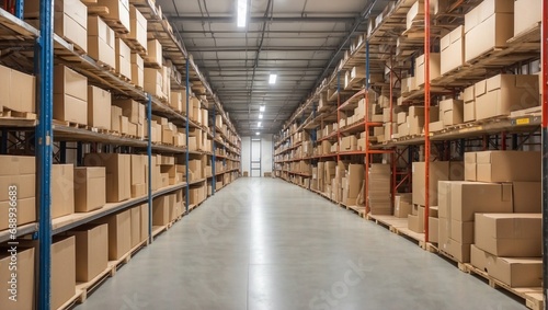 Rows of shelves with boxes in modern warehouse. Generative AI.