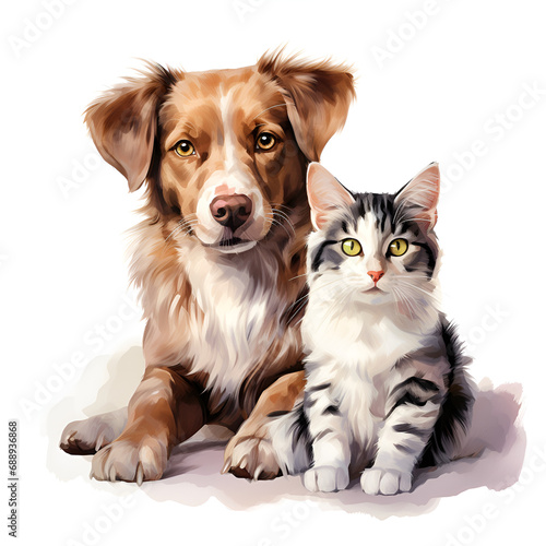 Photograph of a dog and cat facing the camera., Dogs and cats friends forever on transparent background PNG, portrait of a happy dog and a cat, full body, isolated on white, portrait of a happy dog