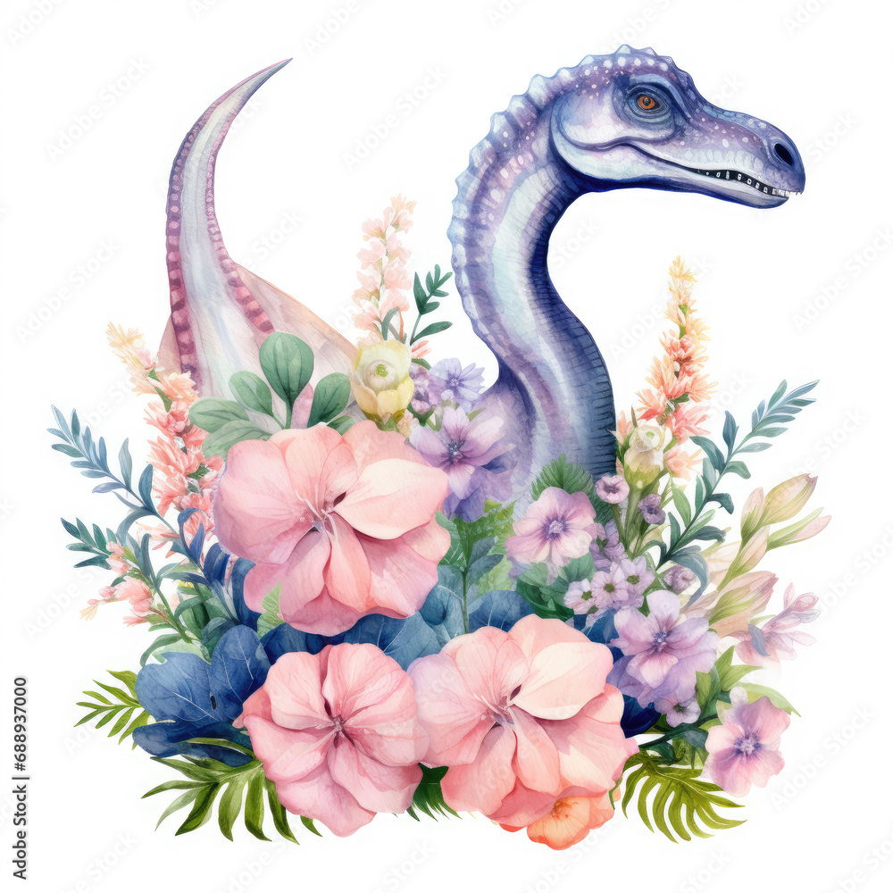 Diplodocus and flower Illustration, Generative Ai Diplodocus and flower Illustration, Generative Ai