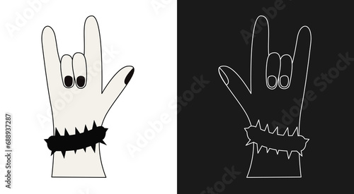 Rock hand gesture. Cartoon style. Outline vector illustration Isolated 