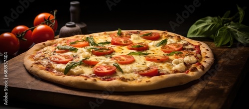 Pizza, a delicious Italian creation, is a flat bread base topped with tomatoes and cheese.