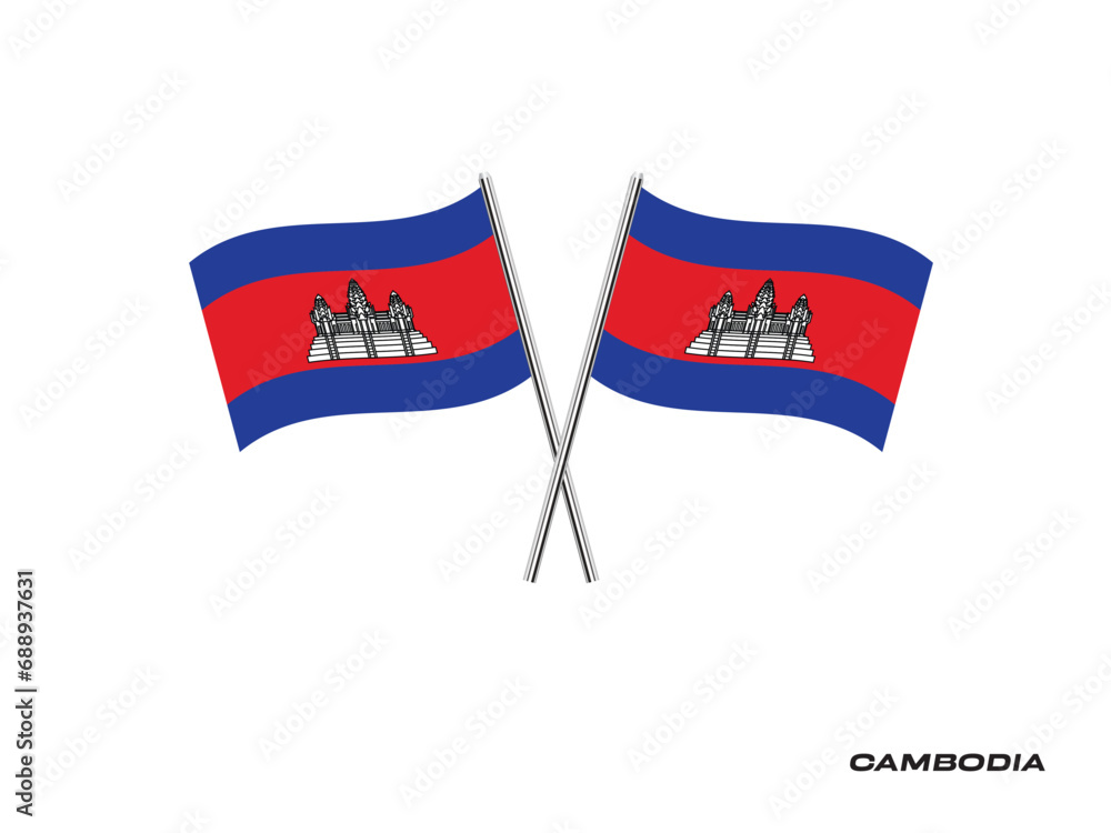 Flag of Cambodia, Cambodia cross flag design. Cambodia cross flag isolated on White background. Vector Illustration of crossed Cambodia flags.