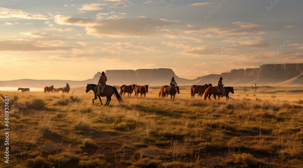 A group of ranchers herding cattle across vast plains