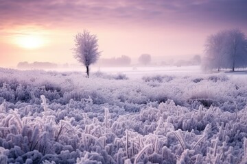 Leinwandbilder Lavendelfarbene Motive A frosty morning scene with snow covering a field of creating a magical winter landscape  © kardaska