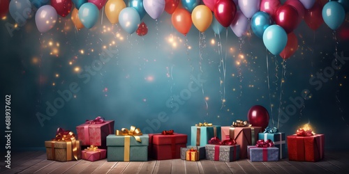 A vibrant and lively wall, bedecked with an assortment of beautifully wrapped gift boxes donning ribbons and bows, accompanied by an exuberant multitude of colorful air balloons. photo