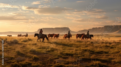 A group of ranchers herding cattle across vast plains © kardaska