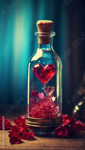 Perfume bottle decorated with flowers and hearts. Valentine's day concept. Generative AI