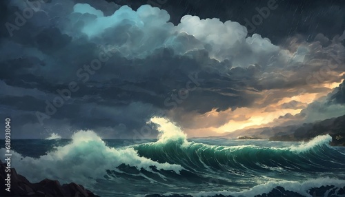 an anime style sea storm with big waves, dark cloudy sky, raining