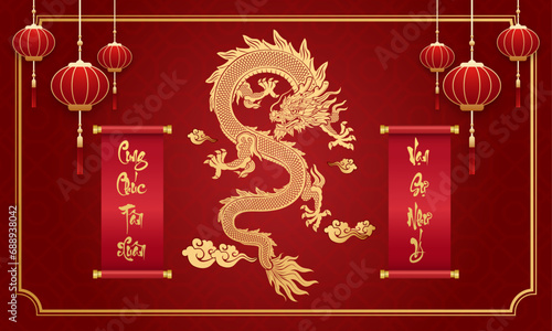 Vietnamese Dragon Hold Couplets To Wish Tet 2024 . Year of the dragon (Translation : Happy new year )
