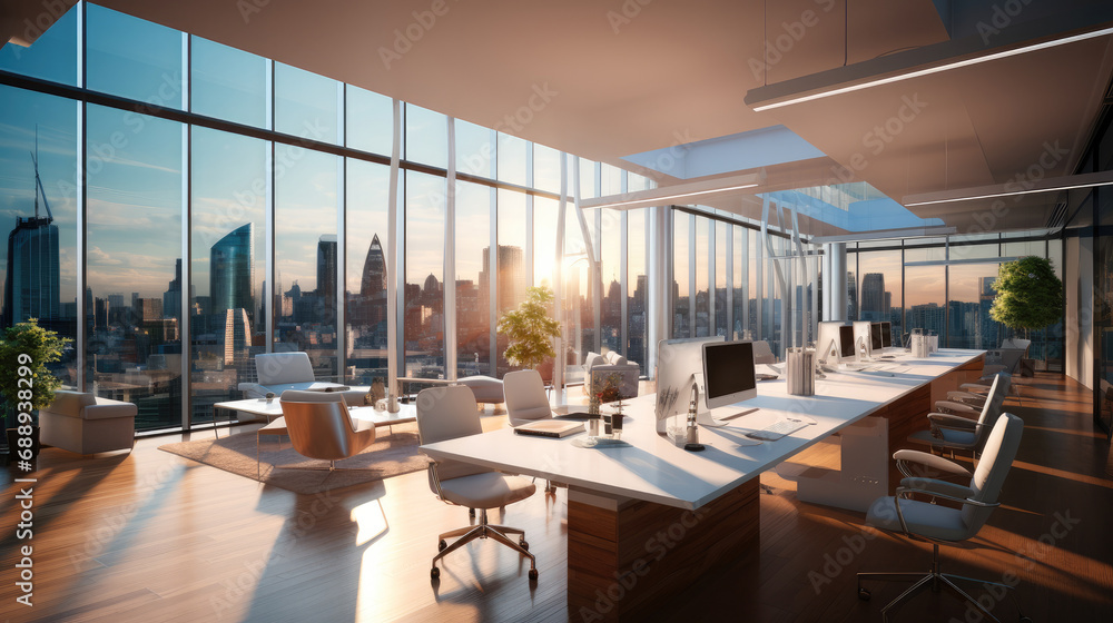 Beautiful room of a light modern office interior with panoramic windows and beautiful lighting.