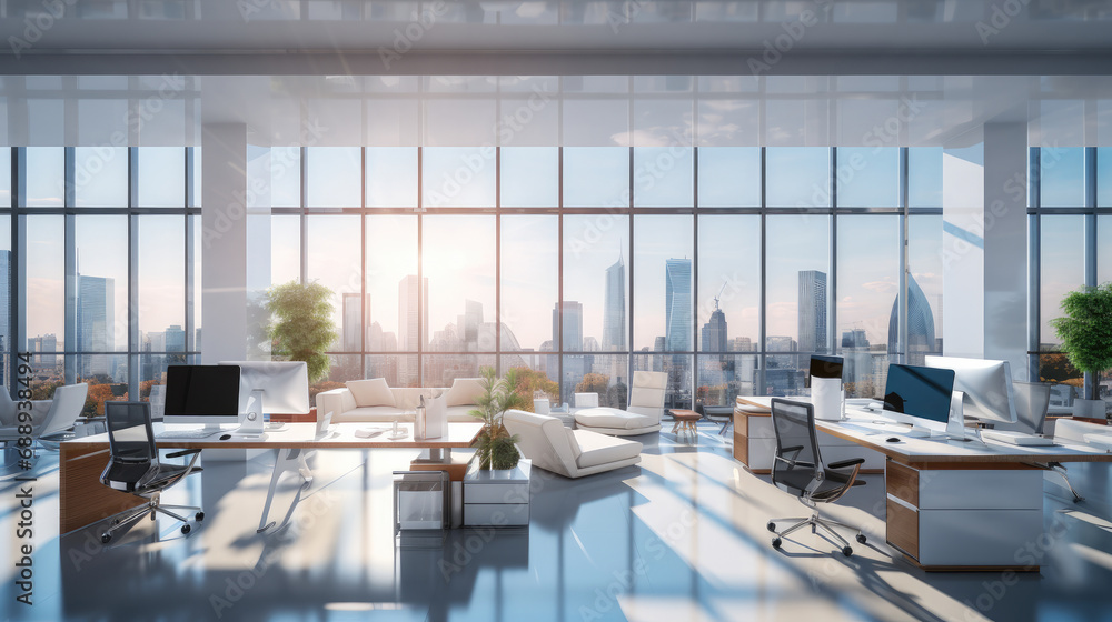 Modern office with desks, Screens and large windows. Modern office with desks, Screens and large windows.