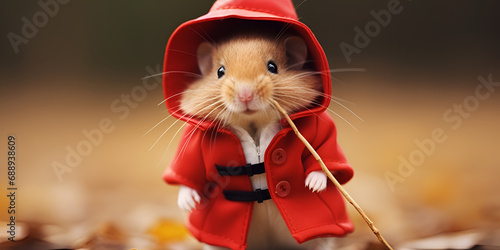 A hamster wearing an orange jacket and backpack in the woods 