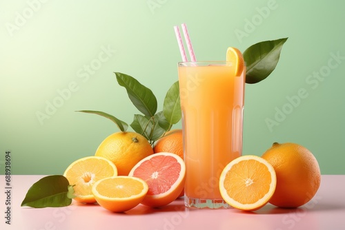 Minimal detox diet concept summer vitamin drinks citrus fruits and orange juice on pastel background.