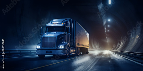 American style truck driving on the asphalt road at night created with generative ai technology 
